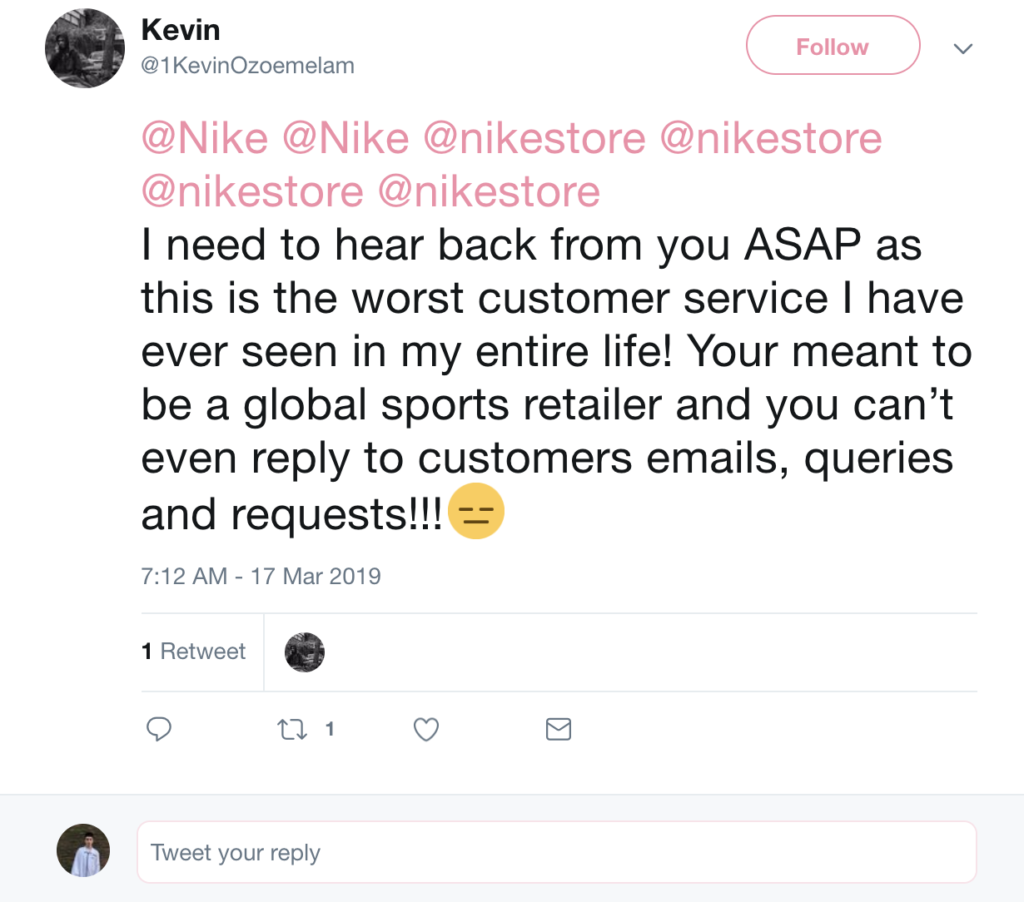 Negativan tweet u kojem kupac izražava nezadovoljstvo uslugom koju je dobio od Nike-a