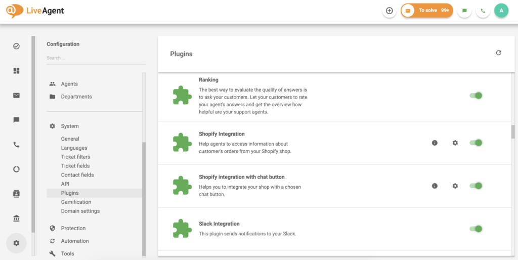 Shopify integration in LiveAgent plugin list