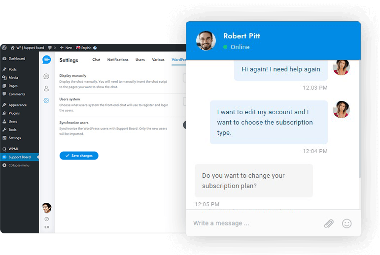 Agent and customer view of ongoing live chat in SupportBoard