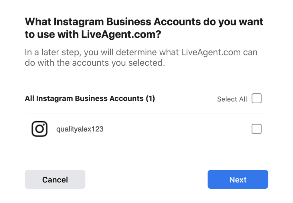 Odaberite Instagram račune koje želite uključiti u integraciju