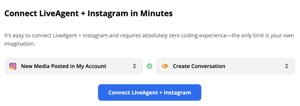 Odabrani Instagram okidač i LiveAgent akcija